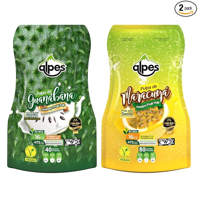 Alpes Premium Bundle Soursop Passion Fruit Pulp with seeds 100% Real Fruit Tropical Guanábana Maracuyá. Ideal for Cocktails Juices Smoothies Desserts Gourmet Sauces Ice creams &amp Snacks 2
