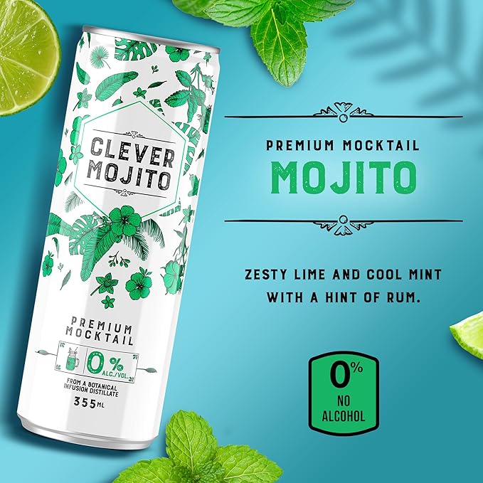 CLEVER - Mojito Nonalcoholic Mocktails for Any Occasion Sugar-Free Beverages with Botanical Extracts Low-Calorie Mocktails Non-alcoholic Drinks with 70 Calories Pack of 12 (12 oz Ea)