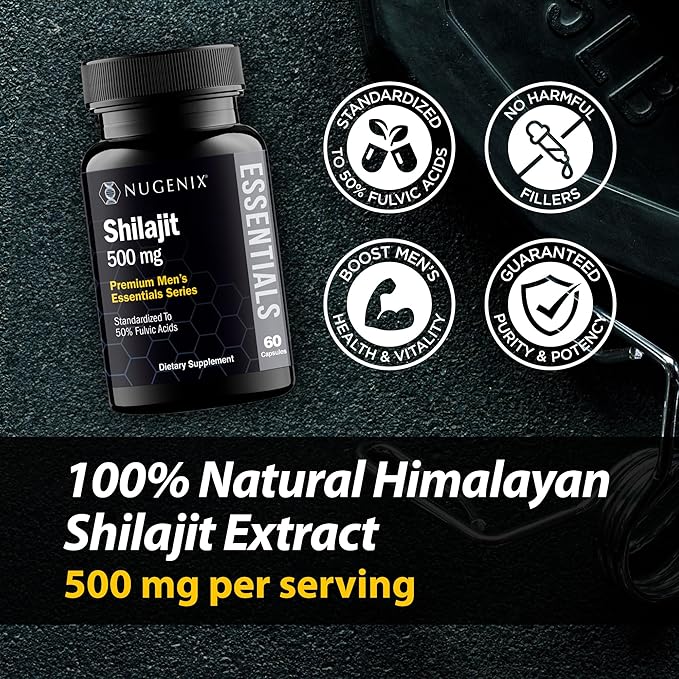 Nugenix Essentials Shilajit Capsules Supplement for Men and Women - 500mg Standardized to 50% Fulvic Acids Himalayan 60 Capsules