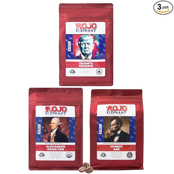 Rojo Elephant Handcrafted Ground Coffee 11 0z Bags 3 Pack Trump's Triumph Alexander Hamilton Honest Abe Decaf Classic Collection