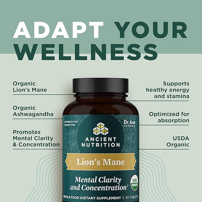 Organic Lion's Mane Mushroom Supplement with Ashwagandha by Ancient Nutrition Organic Lion's Mane Supports Healthy Energy and Concentration Reduces Fatigue Gluten Free and Keto Friendly 30 Tablets