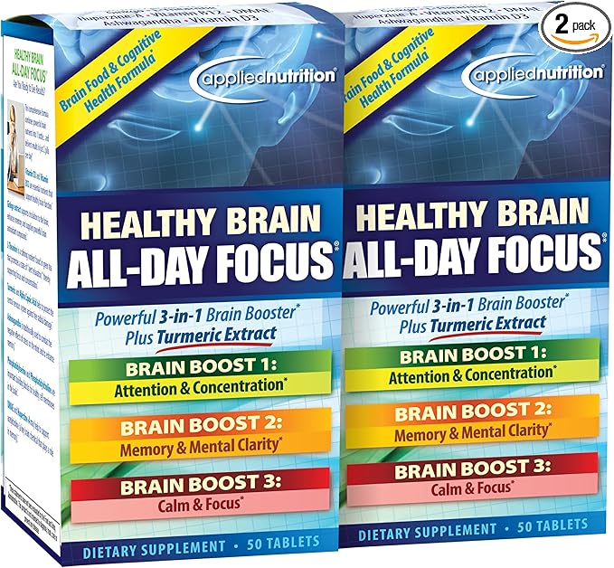 Applied Nutrition Healthy Brain All-Day Focus - 50 Tablets Pack of 2 - Powerful 3-in-1 Brain Booster with Turmeric Extract - 50 Total Servings
