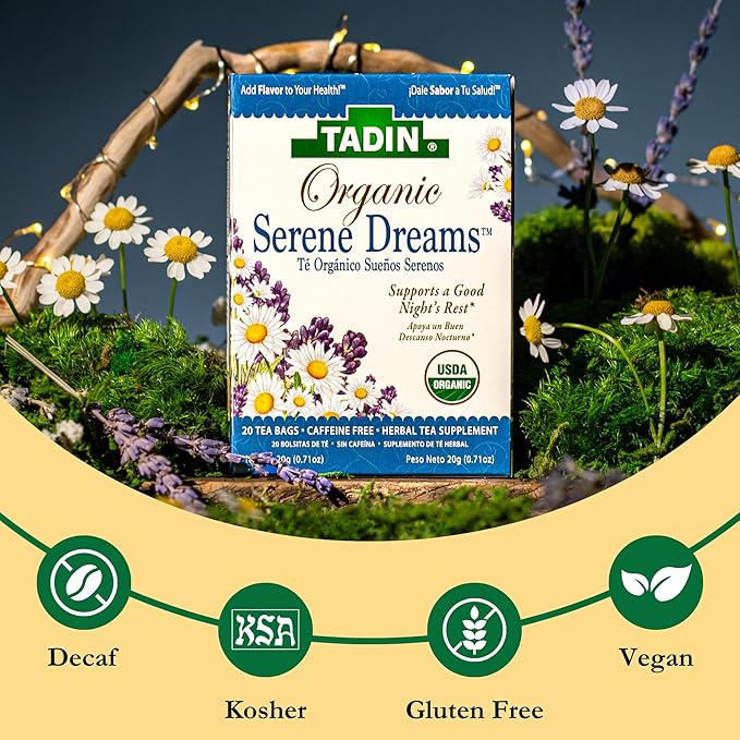 Tadin Organic Serene Dreams Tea Caffeine Free Herbal Tea to Support a Good Night's Rest 20 Tea Bags Per Box Pack of 6