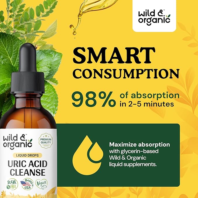 Wild &amp Organic Uric Acid Cleanse Drops - Tart Cherry Turmeric Chanca Piedra Stone Breaker Complex for Kidney Cleanse - Uric Acid Support Supplement - Vegan Sugar &amp Alcohol-Free Tincture - 2