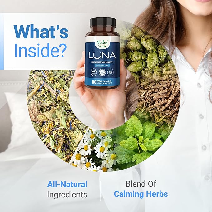 Nested Naturals Luna Sleep Supplement Melatonin Free Non-Habit Forming Herbal Sleep Supplement Adult Bedtime Support Help Sleeping w/Chamomile Valerian L-Theanine 60 Vegan Capsules