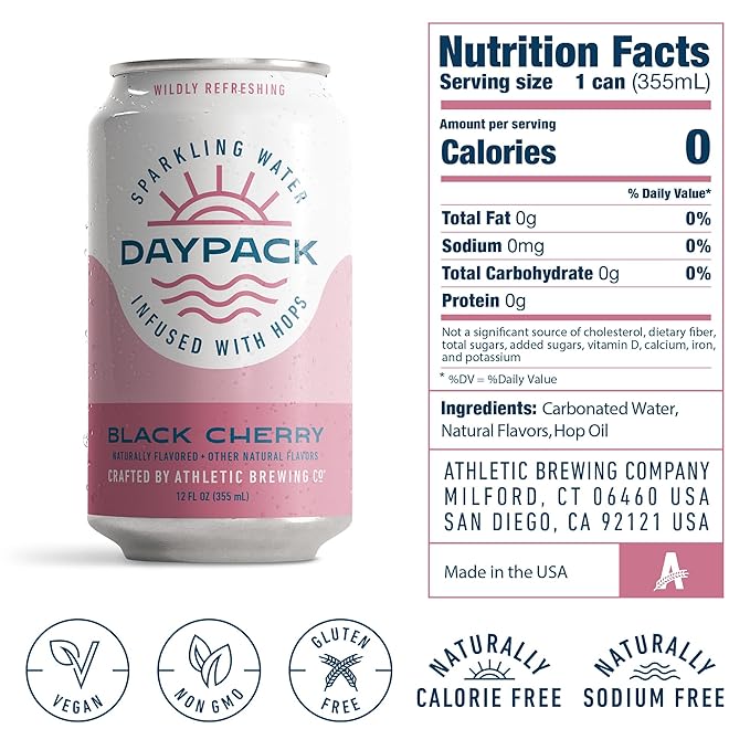 Athletic Brewing Company Daypack Sparkling Water Infused With Hops Gluten Free &amp Vegan Soda Water Zero Calorie Natural Flavors Black Cherry 12 Pack 12 FL Oz Cans