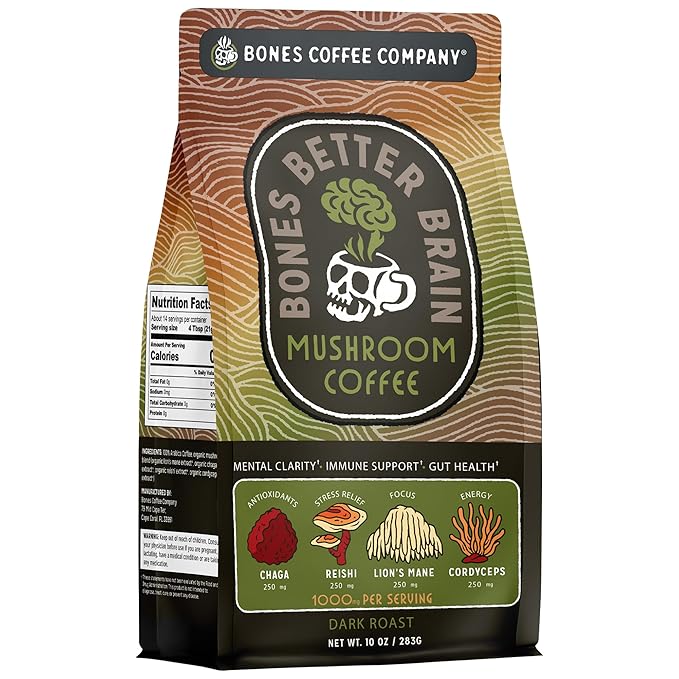 Bones Coffee Company Better Brain Mushroom Coffee Medium Roast &amp Dark Roast – Functional Coffee with Lion’s Mane &amp Chaga | Focus Energy &amp Clarity | Ground Coffee 2-Pack Virtual Bundle
