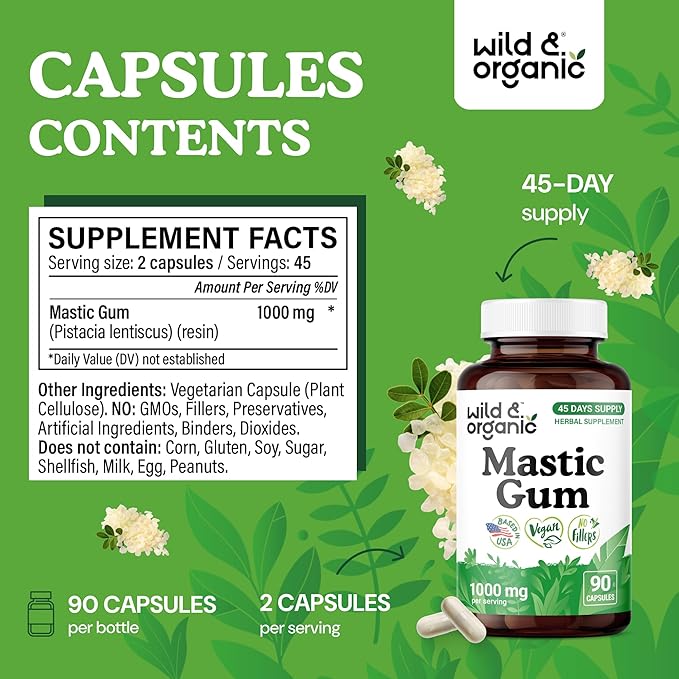 Wild &amp Organic Mastic Gum Capsules - 1000 mg Mastic Gum Supplement for Gut Support - 45 Days of Supply - 90 Vegan Resin Capsules - No Fillers Non-GMO Gluten-Free