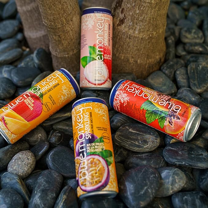 Blue Monkey Sparkling Pineapple Juice - Real Fruit Juice No Sugar Added All Natural Lightly Carbonated Halal Certified - Refreshing Tropical Sparkling Water Alternative - 11.2oz (330ml) 12 Pack