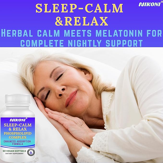 Nikoni Sleep‑Calm‑Relax – Phospholipid Complex with Melatonin L‑Theanine 5‑HTP &amp Herbal Extracts-60 Vegan Softgels