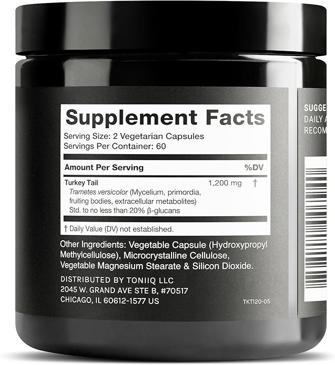 Toniiq Turkey Tail Mushroom Capsules - Ultra High Potency with 20% Beta Glucans - Highly Concentrated - Third-Party Lab Tested - 120 Capsules