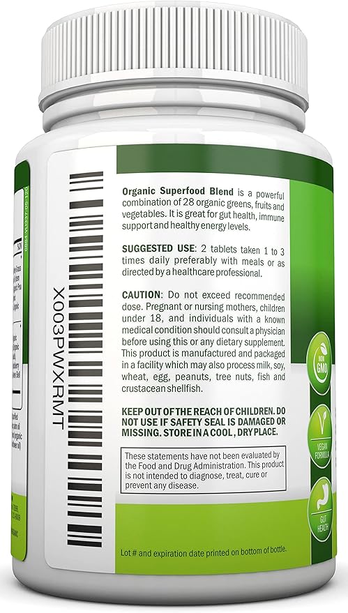Organic Super Greens Capsules - Fruit And Vegetable Supplements - 120 Count - 28 USDA Organic &amp Vegan Premium Ingredients - Superfood Blend For Immune Health Digestion &amp Energy - Whole Food V