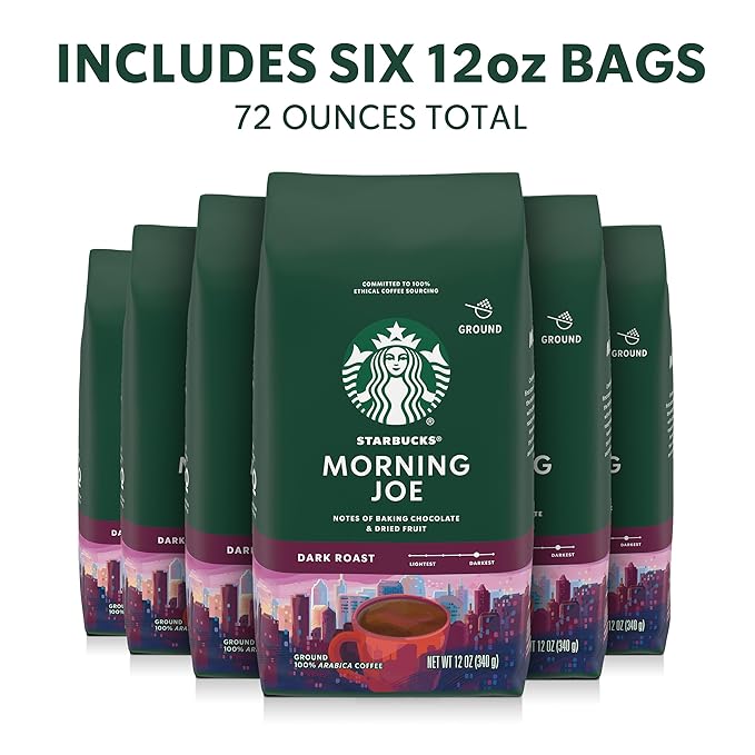 Starbucks Ground Coffee Dark Roast Hot or Iced Coffee Morning Joe Six 12 oz Bags