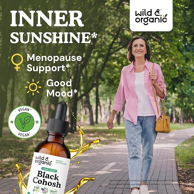 Wild &amp Organic Black Cohosh Supplements Women - Menopause &amp Perimenopause Support - 540 mg Natural Black Cohosh Tincture - Add to Tea Liquid Drops - 2-Month Supply - Vegan Sugar &amp Alcohol