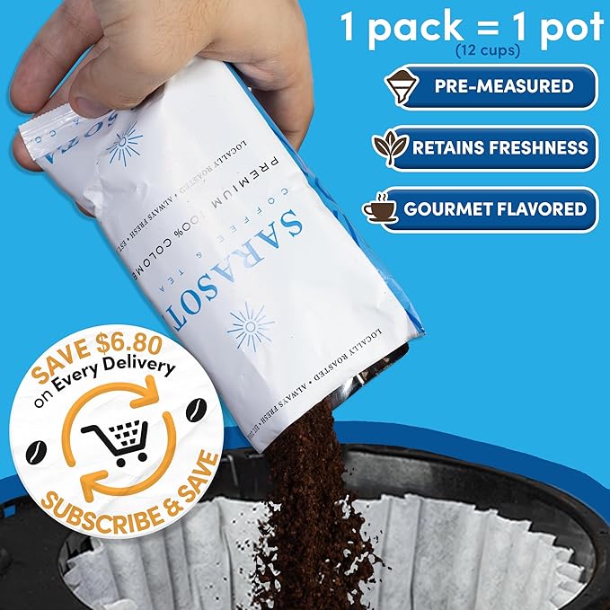 Colombian Coffee Packets – Medium Roast Ground 1.5oz Bulk Pre-Measured Packs for 12-Cup Drip Brewers Commercial Single-Pot Fractional Bags | Sarasota Coffee
