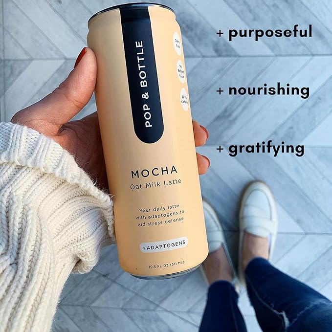 Pop &amp Bottle Oat Milk Lattes - Cold Brew With Adaptogens Maca Ashwagandha Mct Oil Oat Milk Organic Dairy Free Gluten Free Great As Iced Coffee Lightly Sweetened With Dates - Mocha 8 Fl
