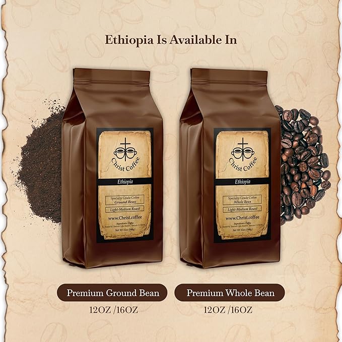 Christ Coffee Ethiopia Whole Bean – Premium Medium Roast Coffee Smooth and Rich Flavor | Perfect for Daily Brew Freshly Roasted for Optimal Taste 12 oz Bag