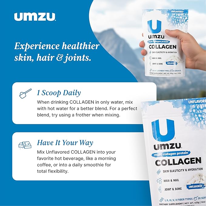 UMZU zuCollagen Multi Collagen Protein Powder Unflavored – 5 Collagen Types I II III V X – High Protein Low Calorie Supplement for Hair Growth Skin Elasticity Joint Health and Daily Recovery Support