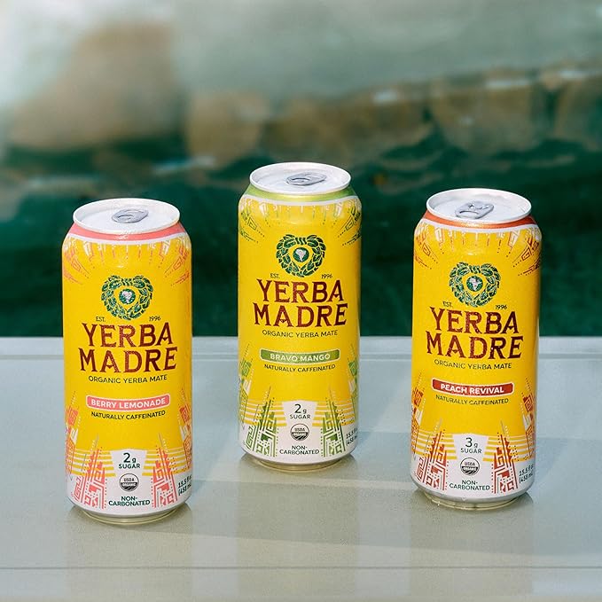 Yerba Madre Organic Yerba Mate Low Sugar Peach Revival 150mg Natural Caffeine Energy Drink Alternative No Jitters or Crash 15.5 Oz (Pack of 12)
