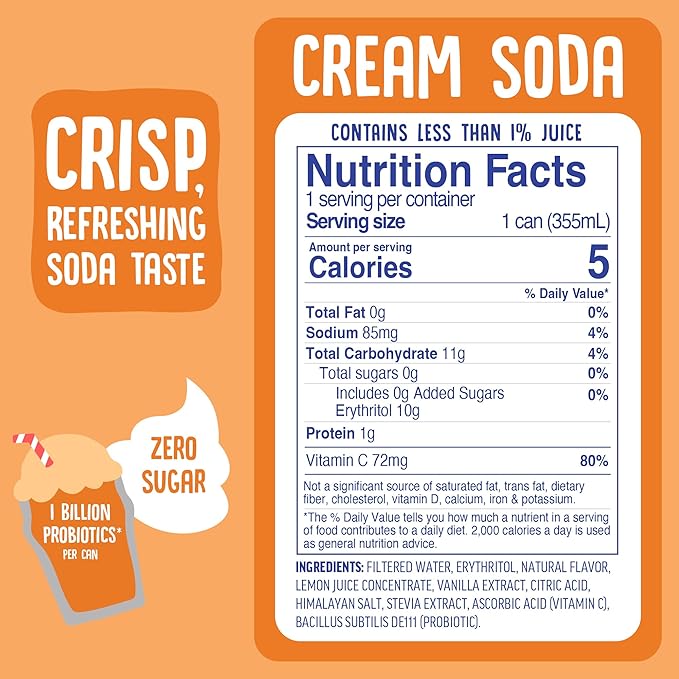 Cove Probiotic Soda Zero Sugar Better-For-You Alternative - Refreshing Delicious Probiotic Drink No Synthetic Colors &amp Caffeine Free - Cream Soda 12 Pack
