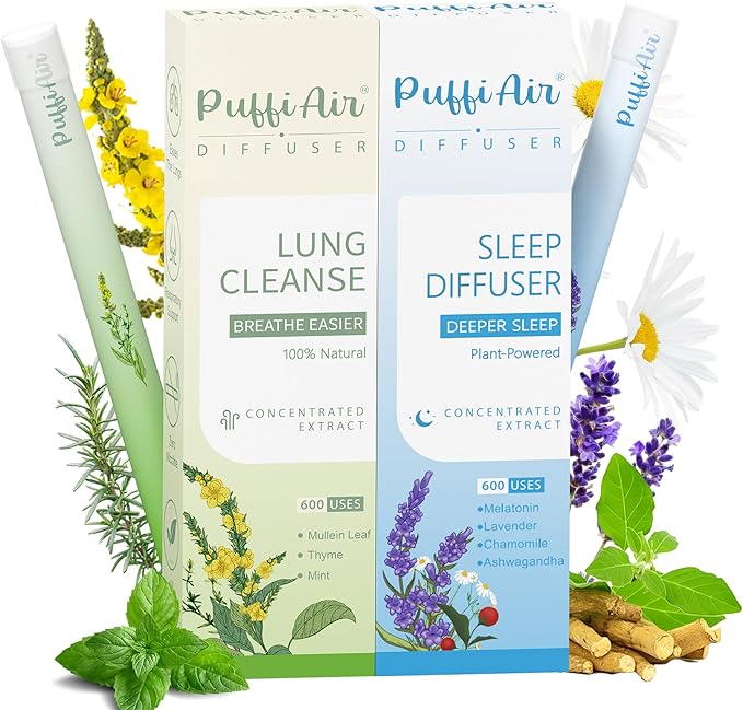 Herbal Diffuser Duo Lung Cleanse and Sleep Diffuser with Extracts of Mullein and Melatonin 100% Natural Swap Day &amp Night Duo 600 Uses Each