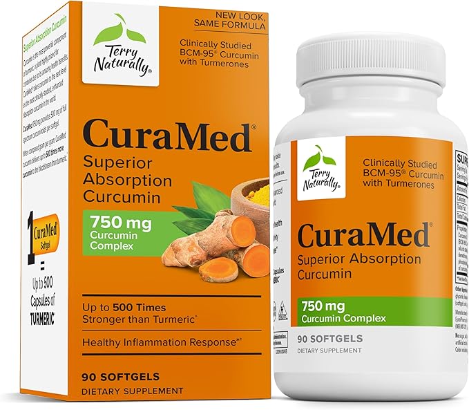 Terry Naturally CuraMed 750mg - Antioxidant Supplement for Brain &amp Heart Health Support - Dietary Supplement with High-Potency Curcumin Complex - Kidney Liver &amp Immune Health Support - 90 Sof
