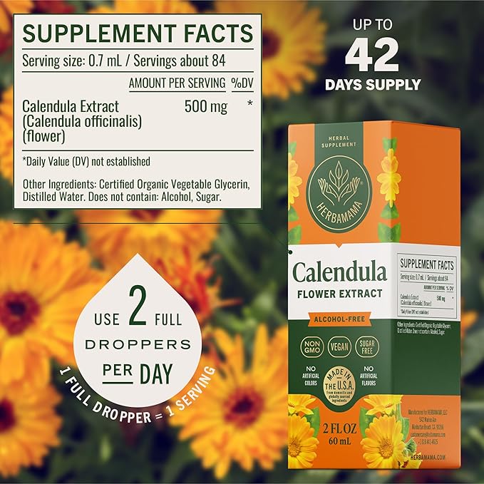HERBAMAMA Calendula Tincture - Vegan Antioxidant &amp Detox Support with Calendula Extract Drops - Non-GMO Alcohol &amp Sugar-Free Liquid Supplement 42-Day Supply