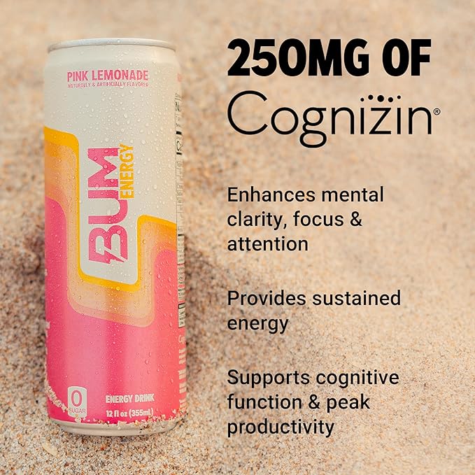 BUM Sugar-Free Energy Drink Pink Lemonade - Lightly Carbonated &amp No Artificial Colors Natural Caffeine &amp Citicoline for Energy &amp Focus Brain Boost &amp Workout Sports Beverage - 12 oz