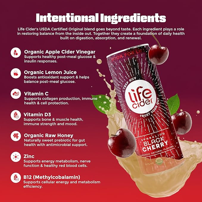 Life Cider Variety Pack Apple Cider Vinegar Soda 4 Flavors 12 Pack Organic Sparkling AVC Drink Natural Flavors Promotes Gut Health Vitamins C B12 Zinc D3