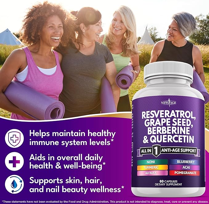 NEW AGE Resveratrol Berberine Grape Seed Extract Quercetin - Polyphenol Supplement for Women and Men with Noni N-Acetyl Cysteine Acai - 60 Capsules