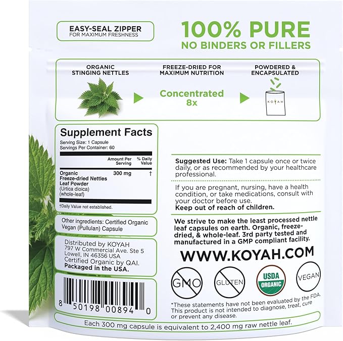 KOYAH - Organic Stinging Nettle Leaf Capsules – Freeze-Dried – 300 mg (2400 mg Fresh) Upper Respiratory Support &amp Immune Support - 60 Capsules