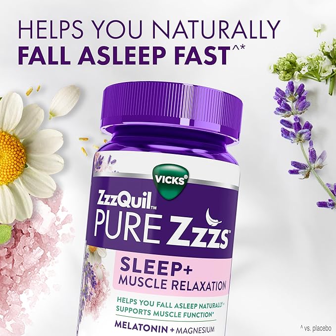 ZzzQuil Pure Zzzs Muscle Relaxation Melatonin Sleep Aid Gummies Supports Muscle Function Helps You Fall Asleep Naturally Fast Melatonin + Magnesium No Next-Day Grogginess Drug-Free 60ct
