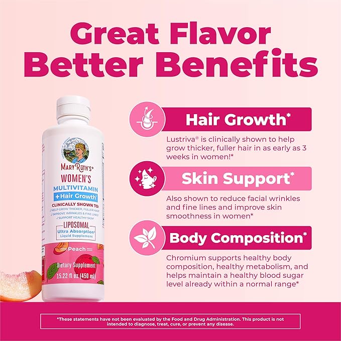 MARYRUTH'S Women's Multivitamin + Lustriva Hair Growth Liposomal | Biotin 10000mcg | Clinically Tested for Thicker Fuller Hair Improved Facial Fine Lines &amp Wrinkles | Ages 18+ | 15.22 Fl Oz