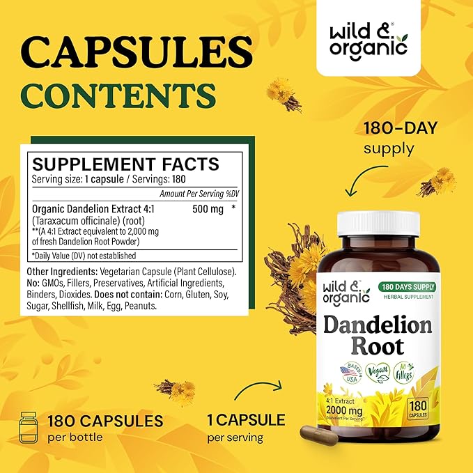 Wild &amp Organic Dandelion Root Capsules - Liver Supplement - 2000 mg of Fresh Dandelion Root Powder per Capsule - 180 Vegan Capsules - 6 Month Supply - No Fillers Non-GMO