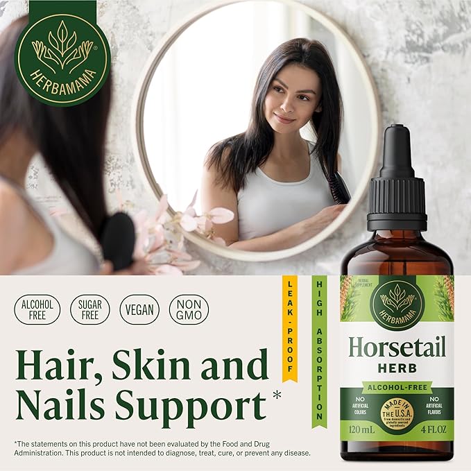 HERBAMAMA Horsetail Herb Extract Drops - Vegan Hair Nail &amp Skin Care with Horsetail Leaves Tincture - Non-GMO Alcohol &amp Sugar-Free Liquid Hair Strengthening Supplement 84-Day Supply