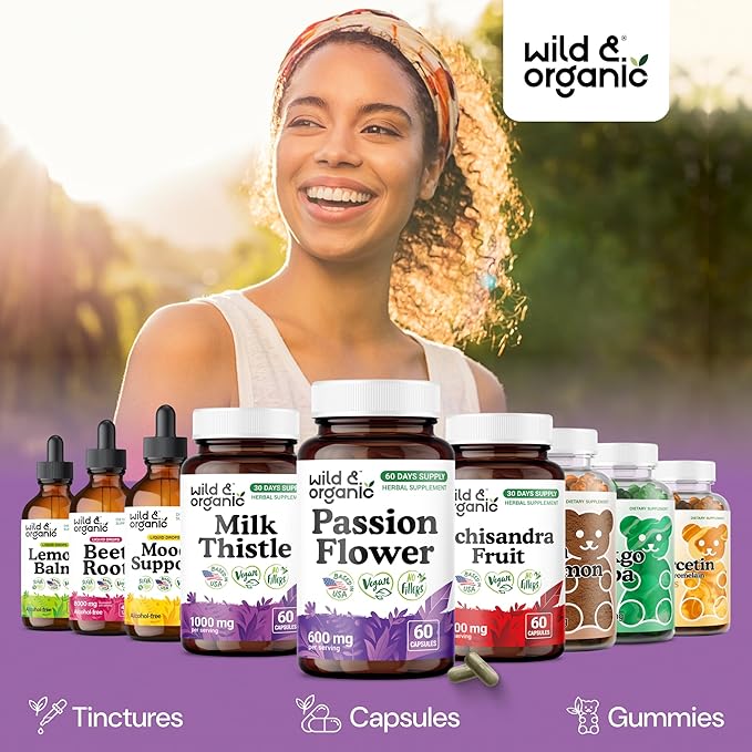 Wild &amp Organic Passion Flower Capsules 600 mg - Relaxation &amp Mood Support - Passionflower Extract Supplement - Passiflora Incarnata Herb - Vegan No Fillers Non-GMO - 60 Count