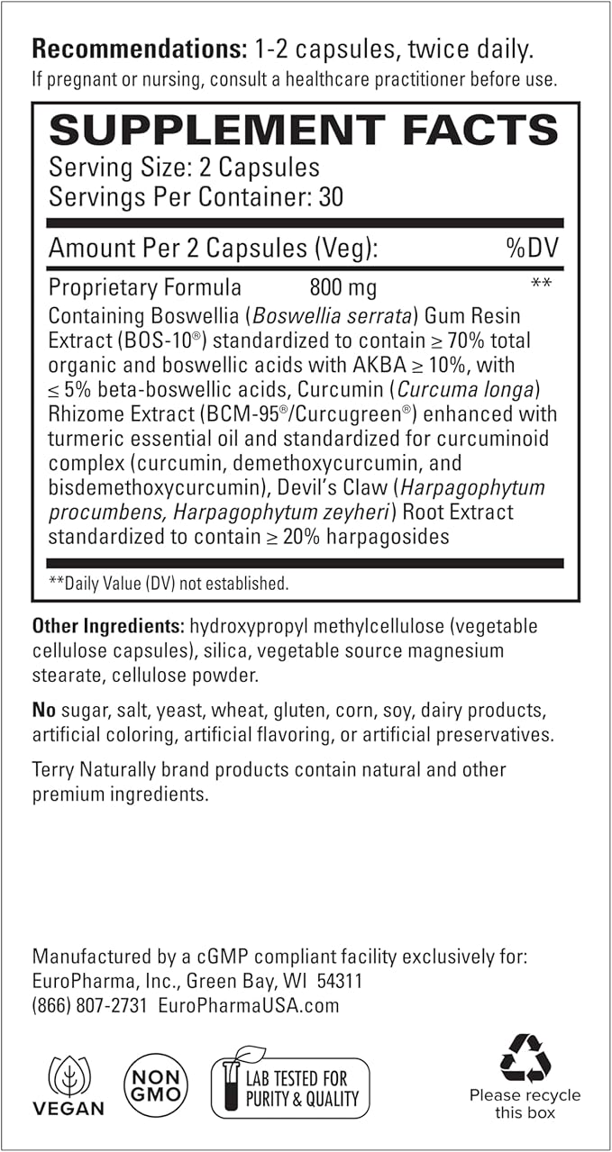 Terry Naturally Arthocin - Boswellia Serrata Capsules with Devil's Claw &amp Curcumin - Supplement to Support Joint &amp Spine Health - Herbal Supplement Aids Comfort &amp Absorption - 60 Capsules