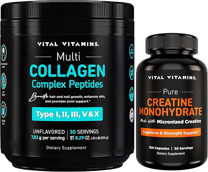 Vital Vitamins Multi-Collagen Powder 30 Servings + Creatine Capsules 120 ct