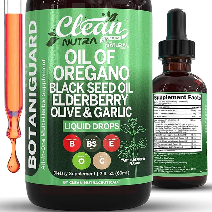 Clean Nutra Oil of Oregano Drops Black Seed Oil Elderberry Vitamin D D3 K2 Olive Garlic Immune Support Supplement Wellness Formula Zinc Supplements Liquid 2 Fl Oz BotaniGuard Vegan Non-GMO