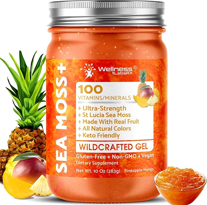 WELLNESS LABSRX Irish Sea Moss Gel Raw - Wildcrafted Superfood Seamoss Gel - Pineapple Mango Flavor Vitamin and Mineral-Rich from Pristine Caribbean Waters - 10 oz.