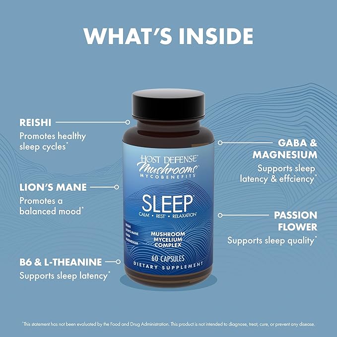 Host Defense MycoBenefits Sleep* Capsules - Rest Support for Healthy Sleep Quality - Calming Supplement with Magnesium Lion's Mane &amp GABA - Aids Balanced Rest Cycles - 60 Capsules (30 Servings)*