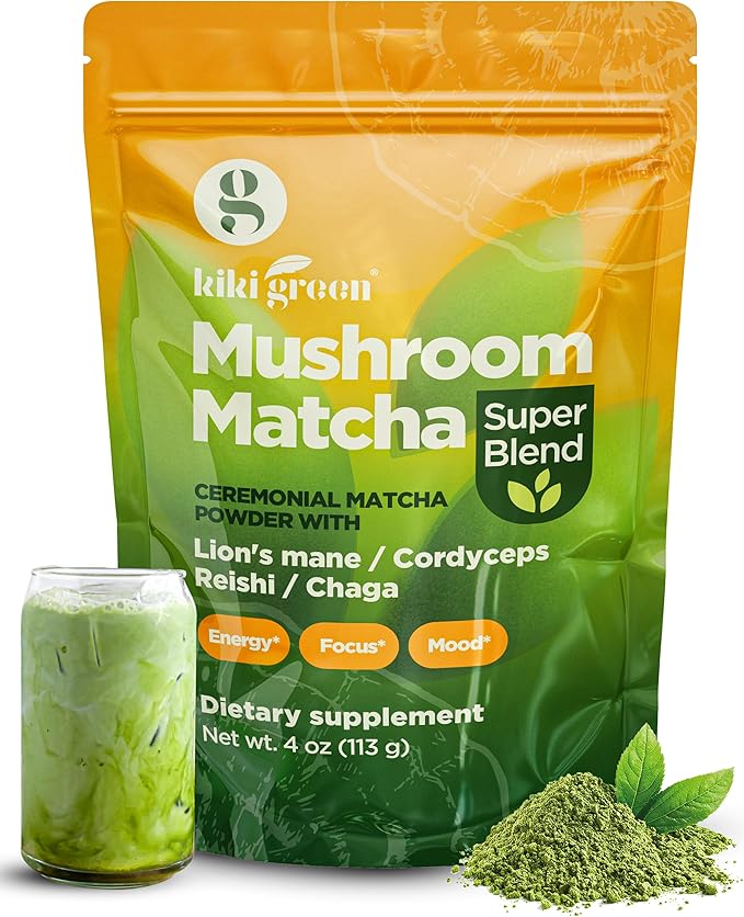 KIKI Green Mushroom Matcha Powder Super Blend 4 oz - Mushroom Coffee Alternative for Better Energy Focus Immunity - with Lion's Mane Chaga Reishi Cordyceps