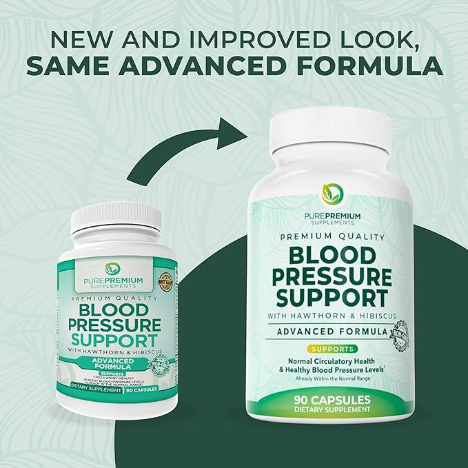 PurePremium Blood Pressure Supplements with Hawthorn Berry Hibiscus Garlic &amp Vitamin B12- Nitric Oxide Supplement for Normal Heart Health Circulation Health &amp Blood Pressure Support - 90ct