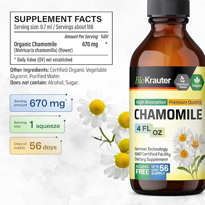 BIO KRAUTER® Chamomile Extract - Liquid Drops Pure Vegan Chamomile Supplement 670 mg per Serving 4 Fl.Oz 56-Day Supply - Used for Calm &amp Relax - Alcohol &amp Sugar Free - Natural Calm &amp Sleep