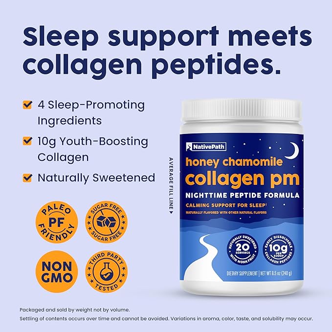 NativePath Collagen PM - Honey Chamomile Nighttime Collagen Peptides Powder with Magnesium GABA L-Theanine and Melatonin - 20 Servings