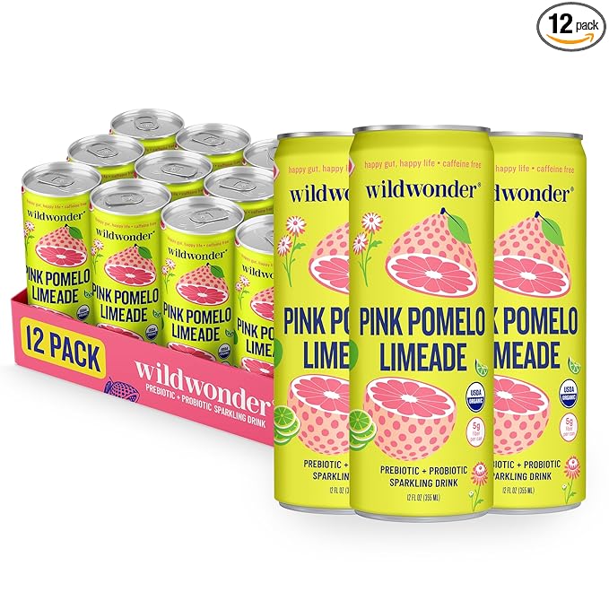 Wildwonder Sparkling Probiotic Drink Pink Pomelo Limeade Gluten Free Vegan Canned Soda with 5g of Prebiotic Fiber for Digestive &amp Immune Support Low Sugar Caffeine Free 12 FL OZ Cans 12 Pa