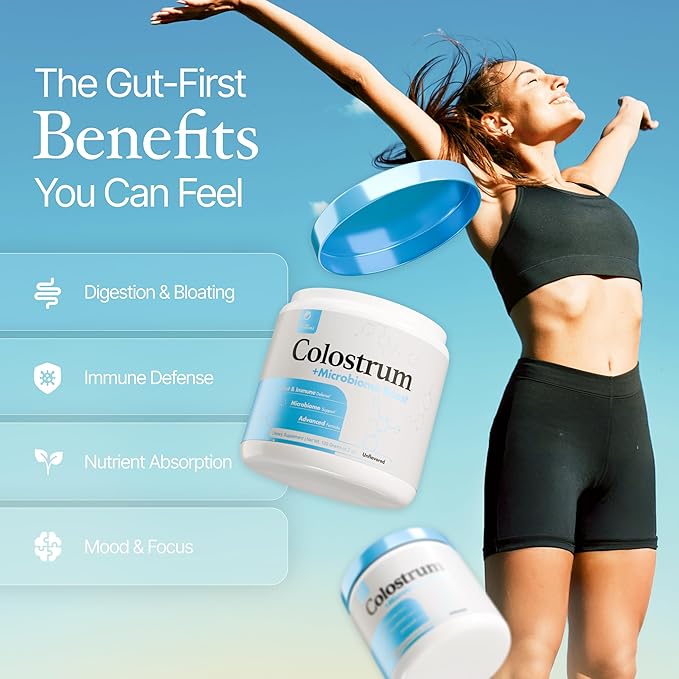 Colostrum Powder | Grass-Fed Bovine Colostrum with Akkermansia Probiotic 1B AFU | Microbiome &amp Gut Support | High IgG Advanced Formula | 120 Servings