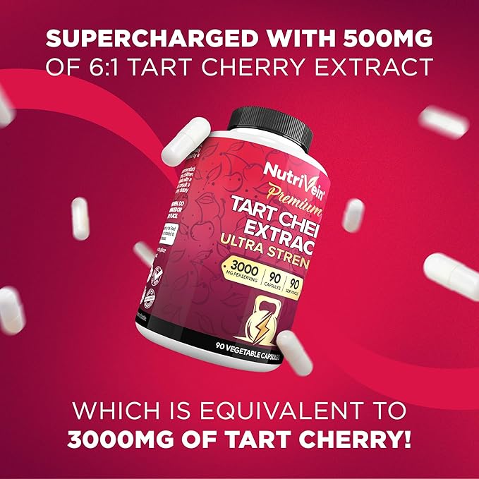 Nutrivein Premium Tart Cherry Capsules 3000mg: Ultra Strength Tart Cherry Extract Supplement for Post-Athletic Recovery Detox Rest &amp Mobility