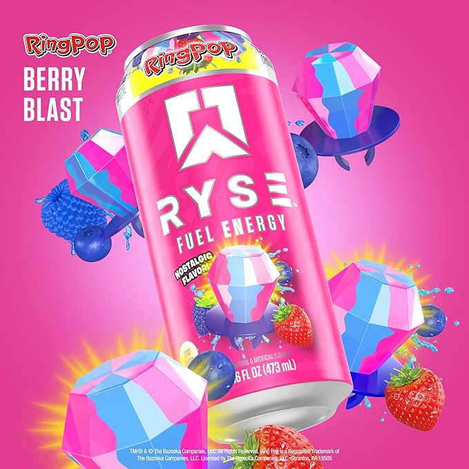 RYSE Fuel Energy Drink - Ring Pop Berry Blast - Sugar Free Gluten Free &amp Vegan - 200mg Natural Caffeine Taurine &amp Choline for Focus &amp Energy - No Artificial Colors - 16 fl oz Cans (12-Pa