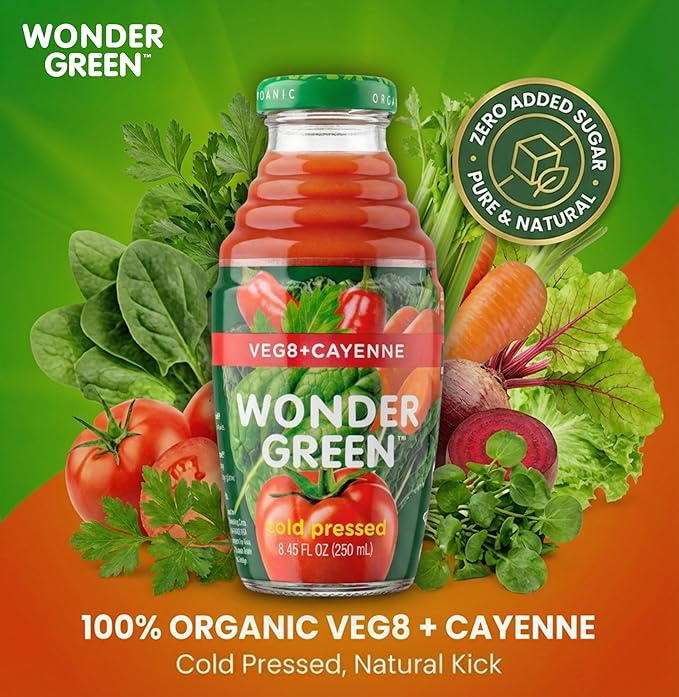 Wonder Green 100% Organic Cold Pressed Juice Variety Pack  8.45 oz (6 Pack) | 2 Veg8 + Cayenne 2 Clean Green 2 Carrot Celery Kale | Vegetable Juice Blend All Natural No Additives or Preservativ
